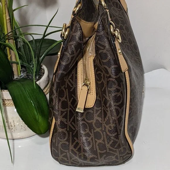 Calvin Klein Signature Tote Shoulder Bag Brown CK Monogram Print Brown Leather